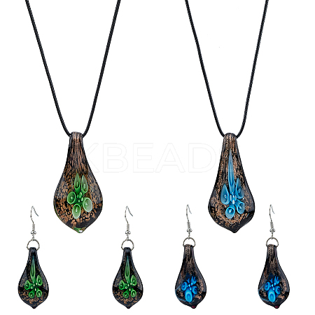 2 Sets 2 Colors Teardrop with Flower Glass Dangle Earrings & Pendant Necklace SJEW-FI0001-14-1