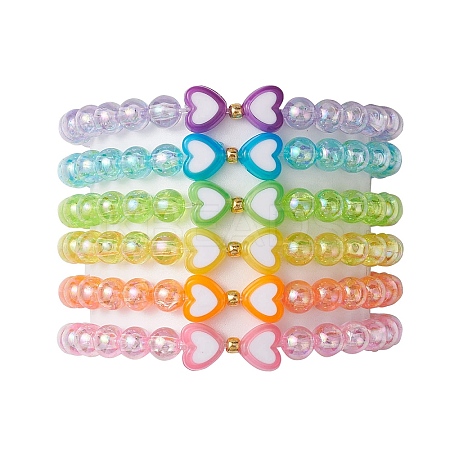6Pcs 6 Colors Heart & Round Acrylic Beaded Stretch Kid Bracelet Sets BJEW-JB10674-1