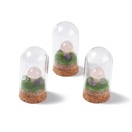 Natural Rose Quartz Mushroom Display Decoration with Glass Dome Cloche Cover G-E588-03J-1