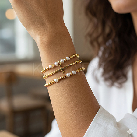3Pcs Cross 304 Stainless Steel & Imitation Pearl Beaded Stretch Bracelet Sets PU8639-1-1