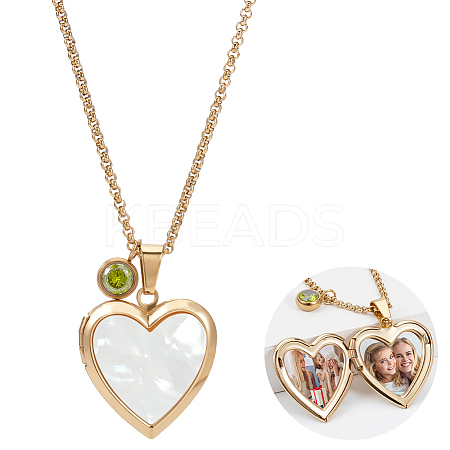 Stainless Steel Pave Natural White Shell Heart Locket Pendant Necklaces for Women NJEW-NB00014-1