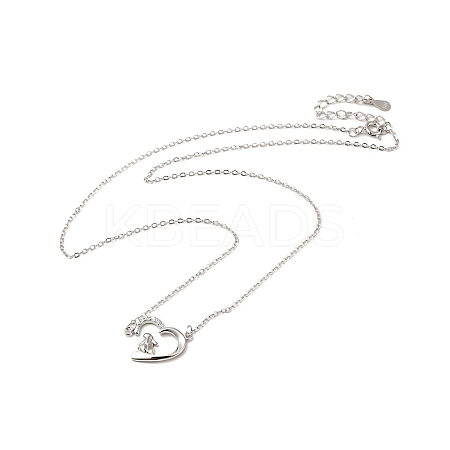 Rhodium Plated 925 Sterling Silver Rabbit with Heart Pendant Necklace with Clear Cubic Zirconia for Women NJEW-E034-02P-1