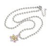 Brass Pave Pink and Clear Cubic Zirconia with Enamel Flower Pendant Ball Chain Necklaces NJEW-G183-04P-4