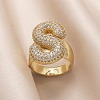 Brass Micro Pave Clear Cubic Zirconia Letter Open Cuff Ring for Women RJEW-M173-01G-S-1