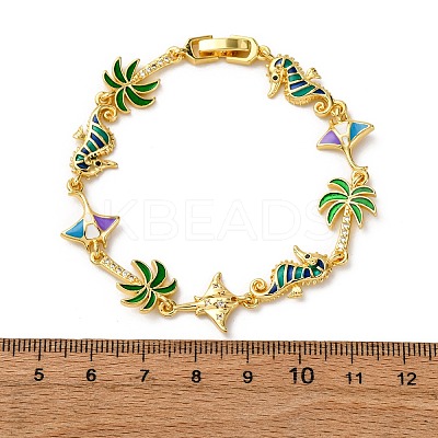 Ocean Theme Brass Cubic Zirconia with Enamel Link Bracelets for Women BJEW-F514-01B-G-1