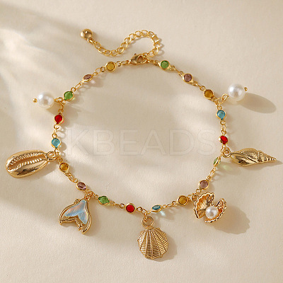 Bohemian Brass Glass Flat Round Link Chain Anklets AJEW-Z046-09G-1