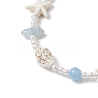 Summer Natural Dyed Aquamarine & Round White Jade & Natural Sea Shell & Shell Pearl & Synthetic Turquoise Starfish Beaded Anklets AJEW-AN00693-1