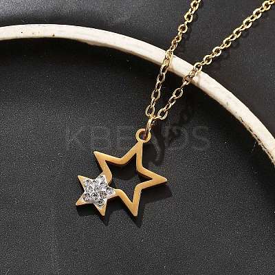 304 Stainless Steel Crystal Rhinestone Double Star Pendant Cable Chain Necklaces LS-NJEW-Z056-02A-G-1