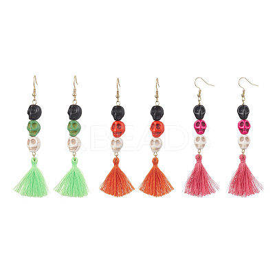 3 Pairs 3 Colors Halloween Skull Synthetic Dyed Turquoise Dangle Earrings EJEW-JE05883-1