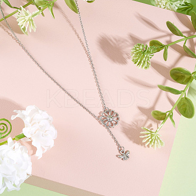 Adjustable 304 Stainless Steel Cable Chain Necklaces Flower & Bees Alloy Charm Lariat Necklaces for Women NJEW-TAC0017-01-1
