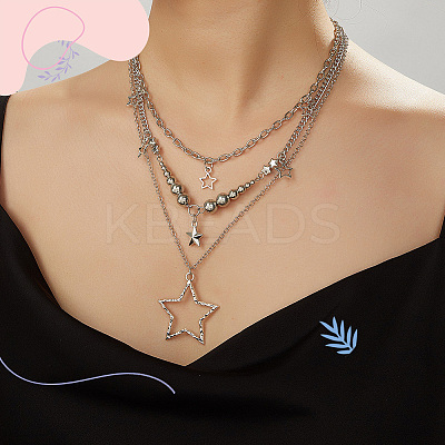 Star Iron Chains Charm Bracelets & Zinc Alloy Star Pendant 3 Layered Necklaces for Women SJEW-SC0001-02-1