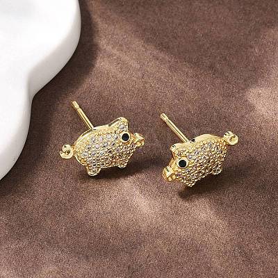 Brass Micro Pave Clear Cubic Zirconia Pig Stud Earrings EJEW-F400-07G-1