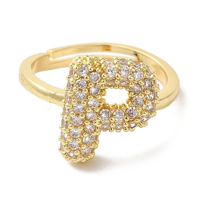 Rack Plating Letter Brass Micro Pave Clear Cubic Zirconia Adjustable Rings for Women KK-S391-03G-P-1