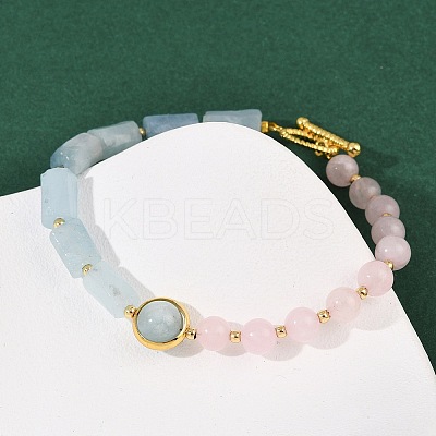 Natural Aquamarine & Natural Rose Quartz & Brass Round & Prism Beaded Bracelets for Women BJEW-G752-01G-01-1