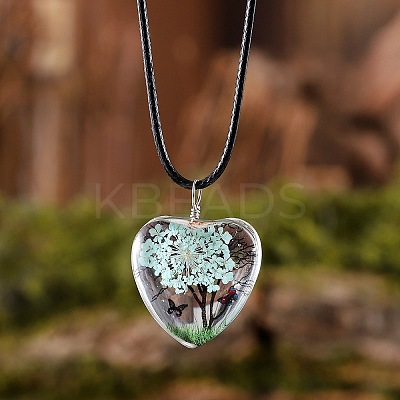 Heart Glass with Dried Flower Tree Inner Pendant Black Waxed Cord Necklaces FS-WG87A6D-02-1