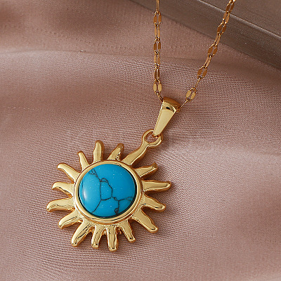 Vintage 304 Stainless Steel Sun Pendant Necklace with Dyed Synthetic Turquoise Stone for Women TN1181-1