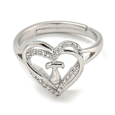 Heart with Letter Rack Plating Brass Micro Pave Clear Cubic Zirconia Adjustable Rings for Women RJEW-I105-01P-T-1