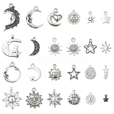 48Pcs 24 Styles Tibetan Style Alloy Pendants Sun/Star/Moon DIY-YW0008-84-1