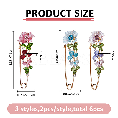6Pcs 3 Styles Flower Alloy Rhinestone Safety Pin Brooches for Backpack Clothes JEWB-FH0002-57-1