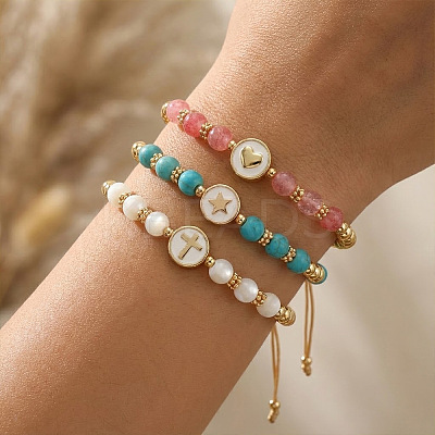 3Pcs Minimalist Adjustable Synthetic Turquoise & Watermelon Stone Glass & Natural Shell Beads Braided Bead Bracelets SR5600-4-1
