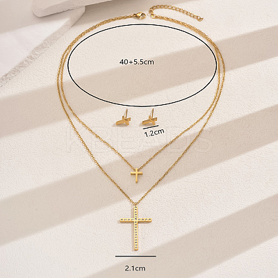 201 Stainless Steel Rhinestones Double-layer Cross Pendant Necklace & Stud Earrings Set for Women LY3624-1