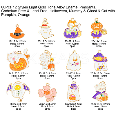 60Pcs 12 Styles Light Gold Tone Alloy Enamel Pendants ENAM-CJ0003-99-1