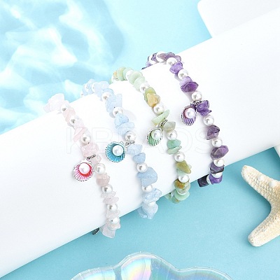 4Pcs 4 Styles Alloy Enamel Shell Shape Charm White Round Shell Pearl & Natural Rose Quartz & Flower Amazonite & Dyed Aquamarine & Amethyst Chip Beaded Anklets AJEW-AN00734-1
