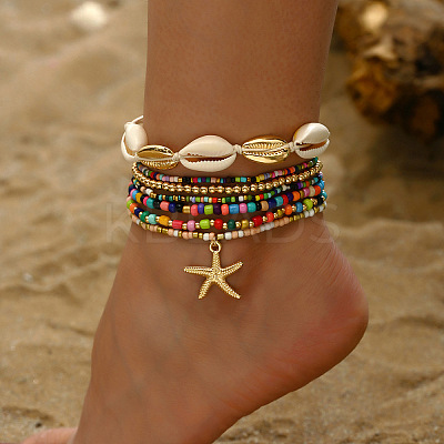 7Pcs 7 Styles Summer Beach Glass Seed Beaded & Natural Shell & Alloy Starfish Charm Anklets WG60733-01-1