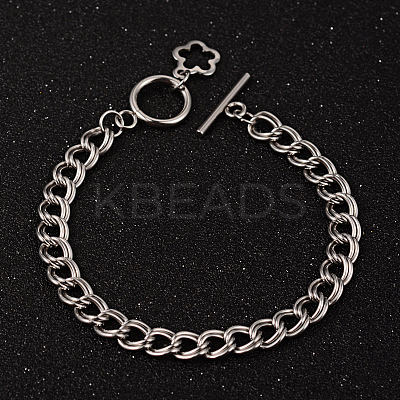 Tarnish Resistant Flower 304 Stainless Steel Double Link Chain Bracelets LS-BJEW-K064-P-1