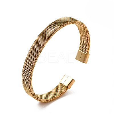 304 Stainless Steel Flat Mesh Chains Shape Open Cuff Bangle for Women BJEW-C0033-06-1