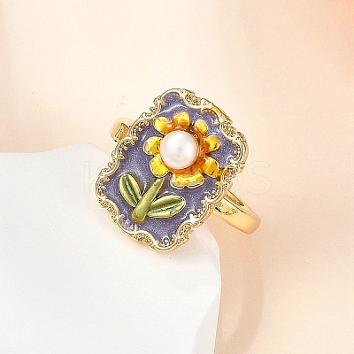 Flower Pattern Brass Enamel & Natural Freshwater Pearl Open Cuff Rings for Women RJEW-G342-01G-01-1