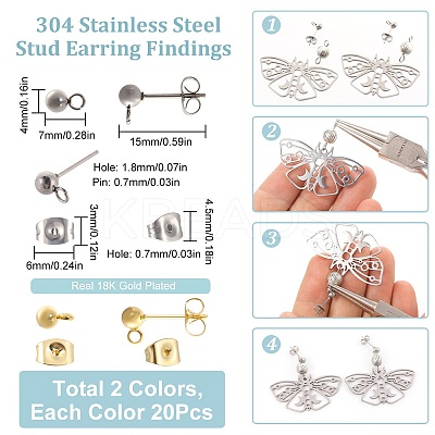 40Pcs 2 Style 304 Stainless Steel Ball Post Stud Earring Findings STAS-SC0005-25-1