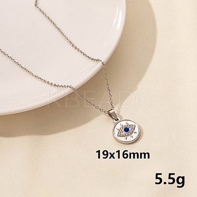 Stylish Stainless Steel Rhinestones Flat Round with Evil Eye Pendant Necklace QQ6499-7-1
