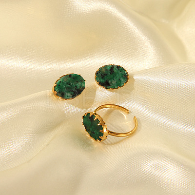 Simple Fashion Oval Natural Gemstone Cuff Ring & Stud Earrings Sets FJ0453-1-1