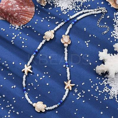 Tortoise & Starfish Synthetic Turquoise & Round Seed Beaded Necklace NJEW-TA00125-1