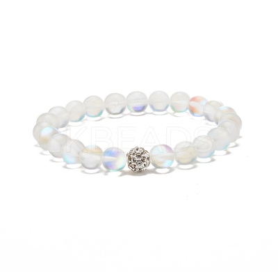 Synthetic Moonstone Round Beaded Stretch Bracelet with Rhinestone BJEW-JB07888-01-1