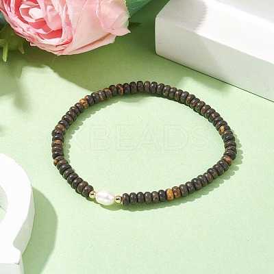 Natural Coffee Jasper Rondelle & Pearl Beaded Stretch Bracelets BJEW-JB09918-02-1