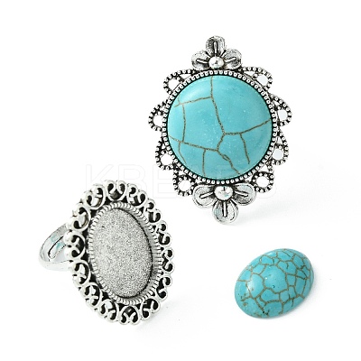 DIY Adjustable Oval/Half Round Synthetic Turquoise & Stainless Steel & Iron Finger Rings Making Kits DIY-FS0006-13-1