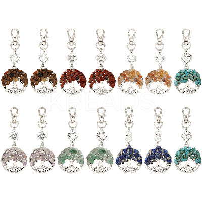 14Pcs 7 Styles Chakra Natural & Synthetic Gemstone Chips Beads & Alloy Tree of Life Pendant Decorations HJEW-FH00150-1