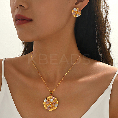 Vintage Brass Flower Stud Earrings & Pendant Necklaces Sets for Women GX0919-1
