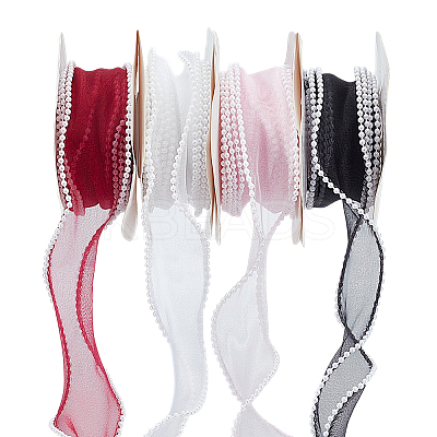 4 Rolls 4 Colors 5 Yards Organza Ribbon with Plastic Pearl Beads OCOR-WR0001-46-1