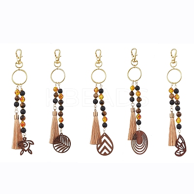 Lava Rock & Tiger Eye & Resin & Wood Tassels Keychain KEYC-JKC00920-1
