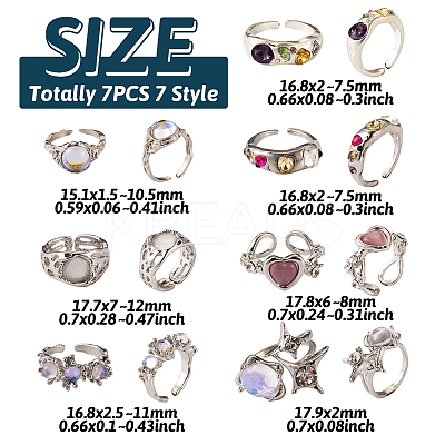 7Pcs 7 Style Rhinestone Heart & Star & Half Round Open Cuff Rings Set with Cat Eye Beaded RJEW-TA0001-03-1
