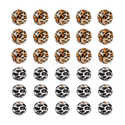 100Pcs 2 Patterns Printed Natural Wooden Beads WOOD-BY0001-01-1