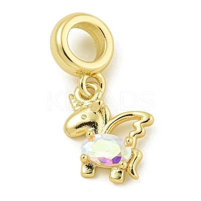Rack Plating Brass Pave Clear AB Cubic Zirconia Unicorn European Dangle Charms KK-Z067-56G-1
