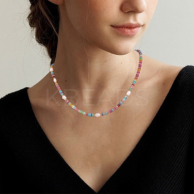 1Pc Rondelle Natural Agate & Pearl & Brass Beaded Necklaces for Women NJEW-SZ0001-69-1