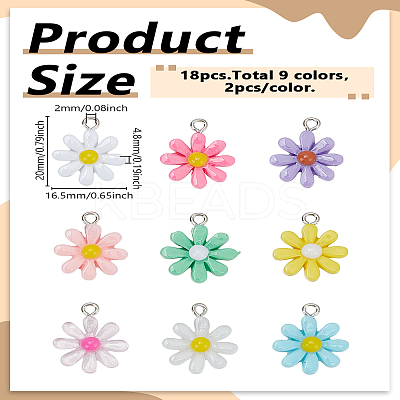 18Pcs 9 Colors Opaque & Transparent Resin Daisy Pendants RESI-LP0001-65-1