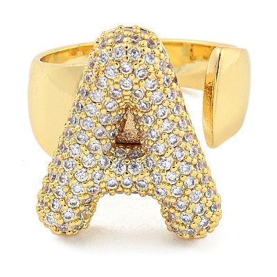 Brass Micro Pave Clear Cubic Zirconia Letter Open Cuff Ring for Women RJEW-M173-01G-A-1