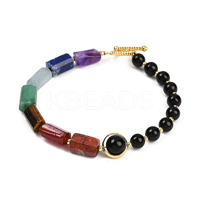 Natural Obsidian & Natural Mixed Stone & Brass Round & Prism Beaded Bracelets for Women BJEW-G752-01G-05-1