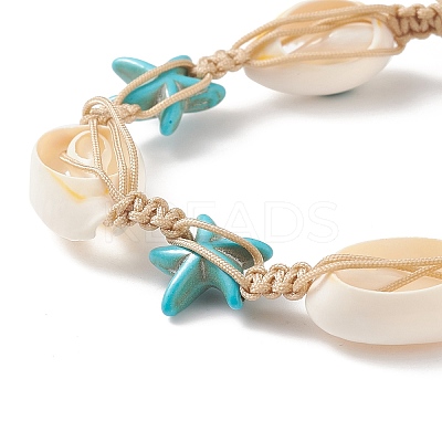 Natural Shell Evil Eye & Synthetic Turquoise(Dyed) Starfish Braided Bead Bracelet BJEW-TA00195-1